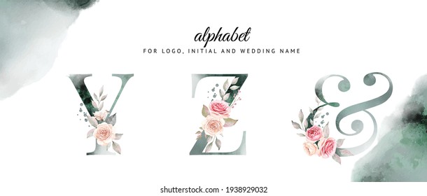 Watercolor floral alphabet set of y, Z with white and pink flowers . for logo, cards, branding, etc