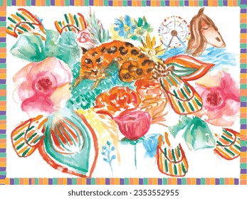 Watercolor floral and animals pattern. Hand drawn flowers and jungle on white background