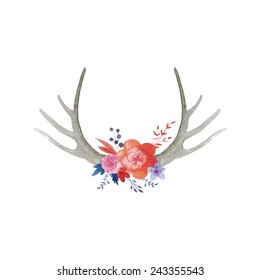 Watercolor floral antler. Hand drawn vintage animal horns with flowers, leaves and herbs. Rustic style illustration in vector