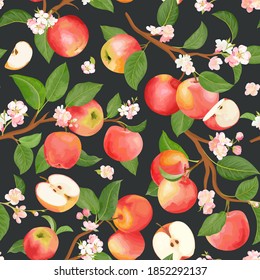 Watercolor floral apple seamless pattern. Vector autumn fruits, flowers, leaves texture. Summer botanical background, nature wallpaper, boho backdrop fashion textile, fall wrapping paper