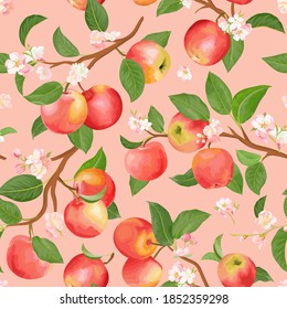 Watercolor floral apple seamless pattern. Vector autumn fruits, flowers, leaves texture. Summer botanical background, nature wallpaper, boho backdrop fashion textile, fall wrapping paper