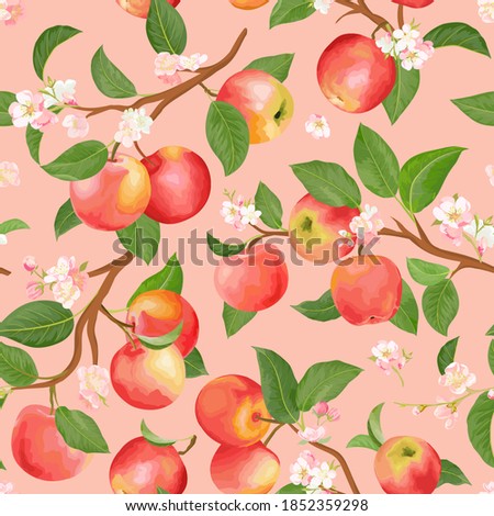 Watercolor floral apple seamless pattern. Vector autumn fruits, flowers, leaves texture. Summer botanical background, nature wallpaper, boho backdrop fashion textile, fall wrapping paper