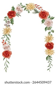 Watercolor Floral Arch: Red, Cream, and Gold Roses, Chrysanthemums