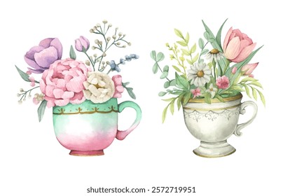 Watercolor floral arrangement in cup