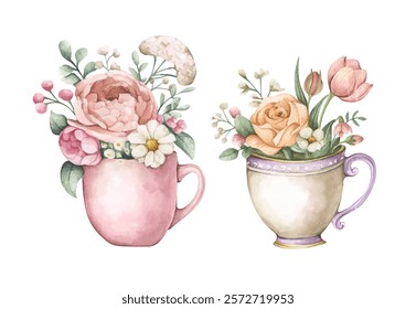 Watercolor floral arrangement in cup