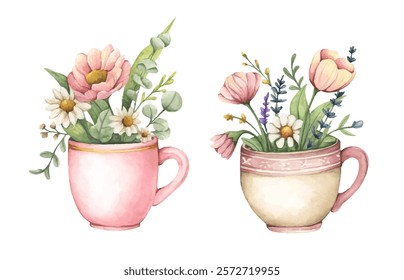 Watercolor floral arrangement in cup