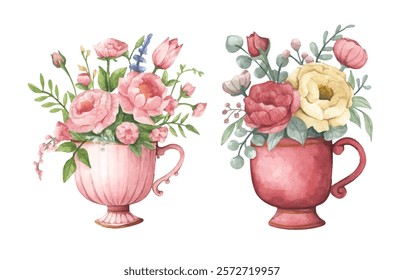 Watercolor floral arrangement in cup