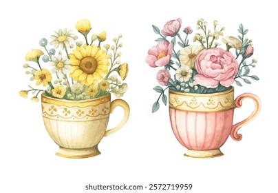 Watercolor floral arrangement in cup