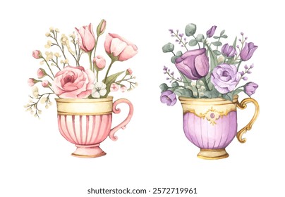 Watercolor floral arrangement in cup