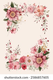 Watercolor floral arrangement, featuring pink flowers and greenery with hanging berries.