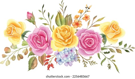 Watercolor floral arrangement, watercolor flower bouquet, rose pink and yellow for wedding, greetings, wallpapers, backgrounds, cards