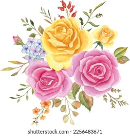 Watercolor floral arrangement, watercolor flower bouquet, rose pink and yellow for wedding, greetings, wallpapers, backgrounds, cards