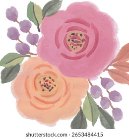 Watercolor floral arrangement with pink and peach roses