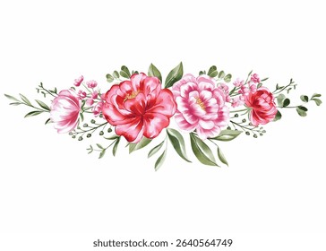 Watercolor Floral Arrangement: Pink and Red Blooms with Greenery
