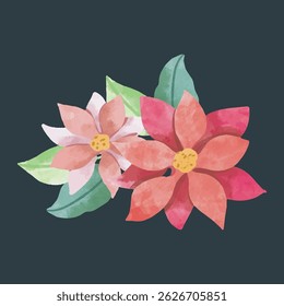 Watercolor Floral Arrangement with Poinsettias and Green Leaves in isolated background