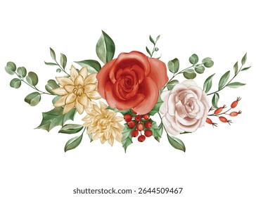 Watercolor Floral Arrangement: Red Rose, Cream Dahlia, and Dusty Rose Blooms with Berries and Greenery