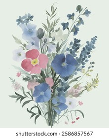 Watercolor floral arrangement, showcasing a large blue flower and a pink bloom amidst green leaves and smaller flowers.