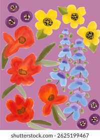 Watercolor Floral Arrangement with Yellow, Orange, and Blue Flowers
