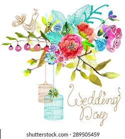 Watercolor Floral background with bird cages for beautiful design over white, Vector