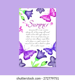 Watercolor floral background with butterfly. Template for card. Vector.  Wildflowers. 