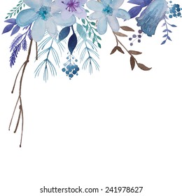 Watercolor floral background. Flowers and plants frame in vector. Blue vintage illustration