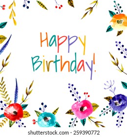 Watercolor floral background. Flowers and plants frame in vector. Birthday card. 