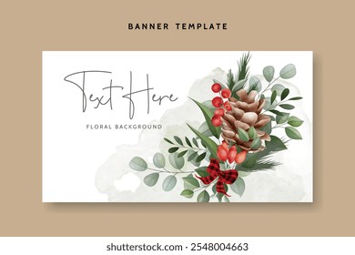 watercolor floral background with greenery leaves red berry and pine