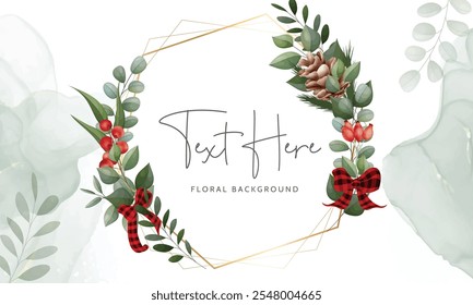 watercolor floral background with greenery leaves red berry and pine