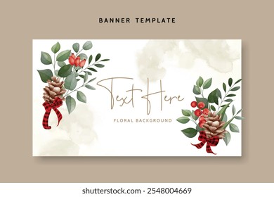 watercolor floral background with greenery leaves red berry and pine
