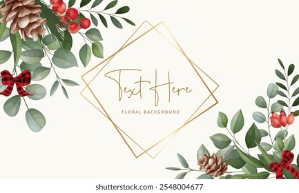 watercolor floral background with greenery leaves red berry and pine