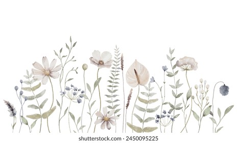 Watercolor floral background. Hand painted wildflowers, meadow flowers, isolated on white background	