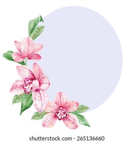 Watercolor floral background with pink orchids and leaves. Vector illustration