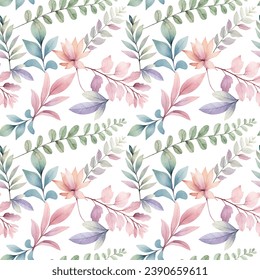 Watercolor floral background. Seamless pattern with delicate leaves and flowers. Hand drawn botanical wallpaper