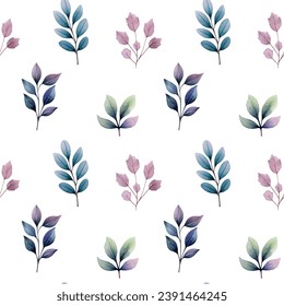 Watercolor floral background. Seamless pattern with delicate leaves and flowers. Hand drawn botanical wallpaper