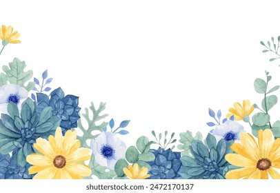 Watercolor floral background with succulent, anemone flower and yellow daisy