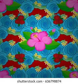 Watercolor floral background. Textile print for bed linen, jacket, package design, fabric and fashion concepts. Vector seamless pattern with rose flowers and green leaves on a red background.