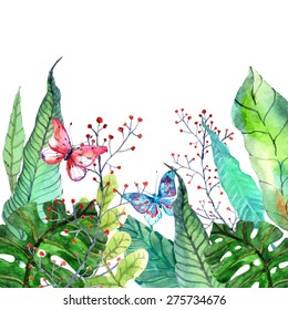 Watercolor Floral background with Tropical orchid flowers, leaves and butterflies for beautiful natural design, Vector