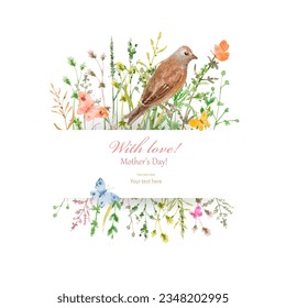 watercolor floral banner with butterflies. invitation card with a meadow of grass and a bird.