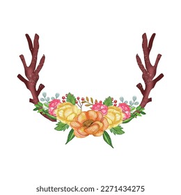 Watercolor floral boho antler print  watercolor Deer antlers decorated and colorful flowers