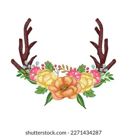 Watercolor floral boho antler print  watercolor Deer antlers decorated and colorful flowers