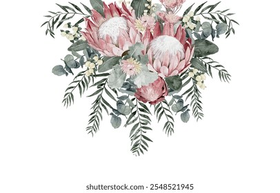 Watercolor Floral Border with Protea, Eucalyptus, Pepper tree leaves and Dusty Miller Leaves. Banner Design Decoration