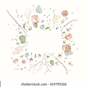 Watercolor floral border. Vintage Herbs and wild flowers. Botanical hand drawn vector Illustration, retro style.