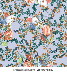 Watercolor floral and botanical pattern design for textile, fashion, scarf.  