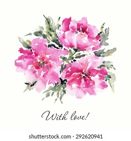 Watercolor floral bouquet. Floral background. Birthday card.