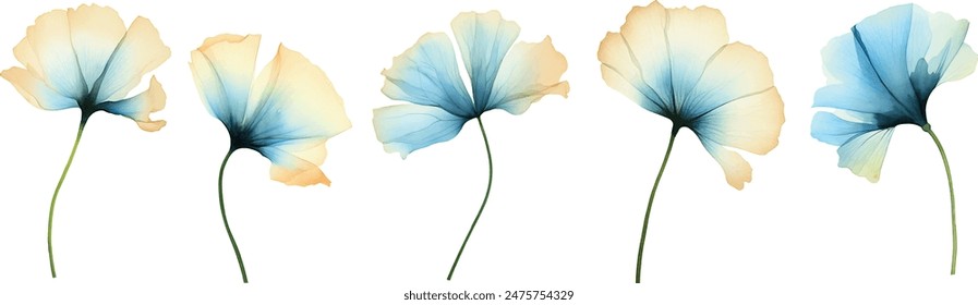 Watercolor floral bouquet with big anemone and snowdrops. Abstract composition with blue transparent flowers and leaves. Hand painted illustration for spring wedding stationery, greeting cards