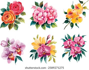 Watercolor Floral Bouquet Collection. Watercolor set of garden flowers hand drawn illustration.