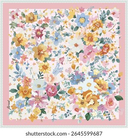 Design de buquê floral aquarela para bandanas, cachecóis e xales com tons pastel macio e detalhes botânicos românticos.