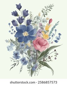 Watercolor floral bouquet, featuring a blend of blue and pink flowers with green leaves.