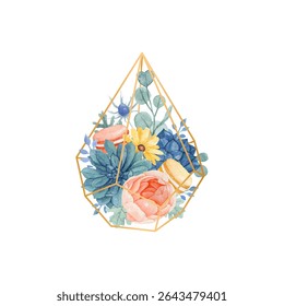 Watercolor floral bouquet in geometric gold terrarium with rose, yellow daisy. eucalyptus, dusty miller, succulent and macaroons