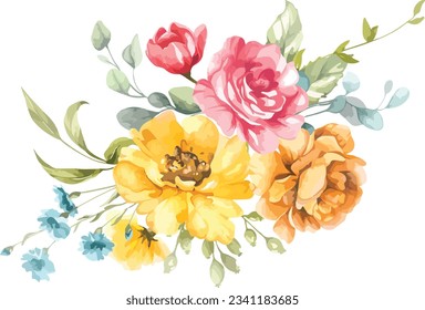 Watercolor floral bouquet illustration set - blush pink blue yellow flower green leaf leaves branches bouquets collection. Wedding stationary, greetings, wallpapers, fashion, background.